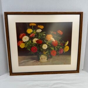 Vintage Zinnia Botanical Floral Still Life Framed Art Print Wood Frame 21x17